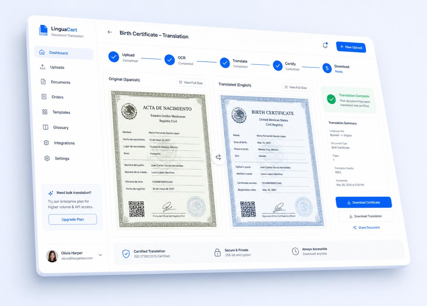 TranslateDocs AI dashboard showing a birth certificate translated side by side with certification status